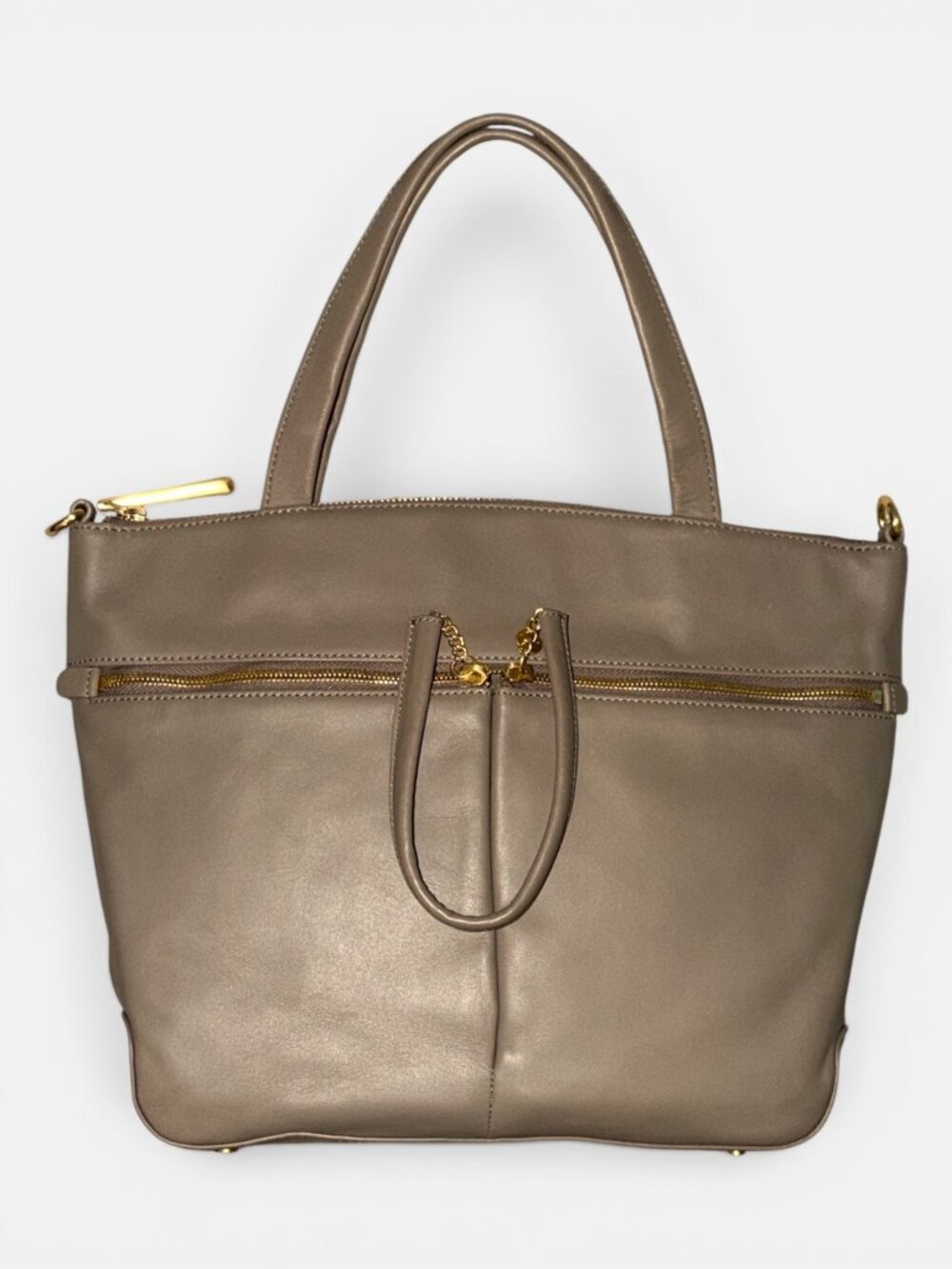 HOBO Double Zip Satchel Taupe Matte Leather Brass Shoulder Bag Detachable Strap - Picture 5 of 12